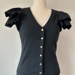 Nation LTD Black V-Neck Top with Gold Buttons